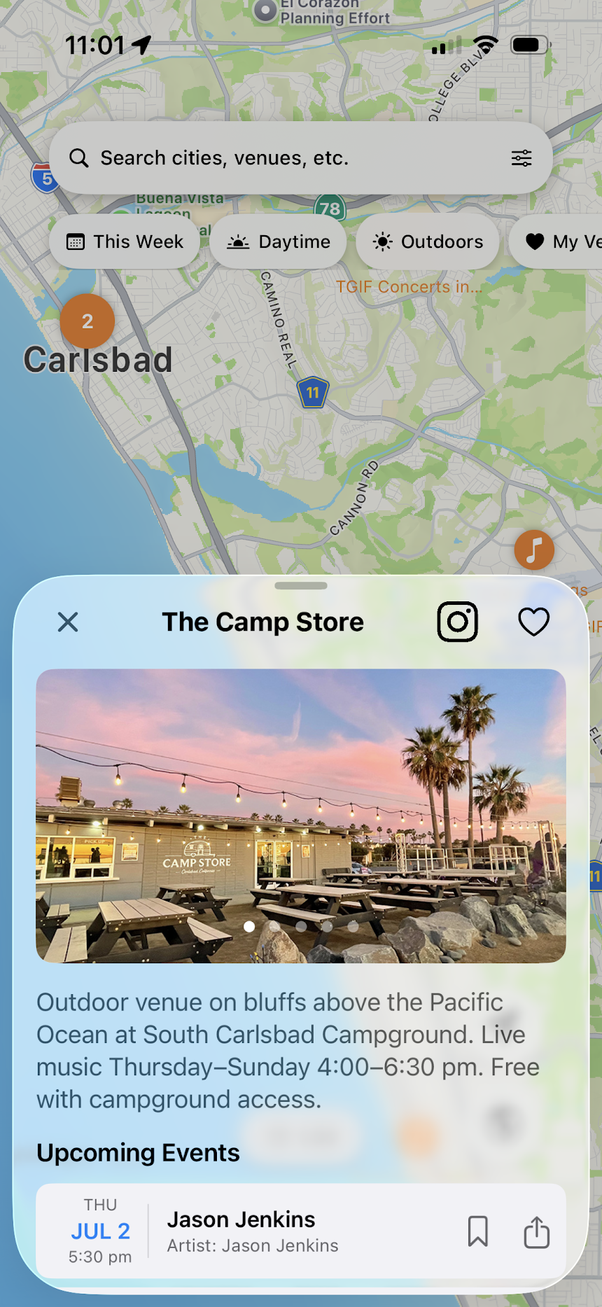 Screenshot of the Show Up app showing a map of nearby live music venues and a venue detail card